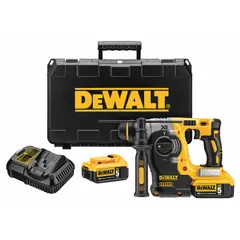 This cordless rotary hammer operates on a 20V DC battery system and delivers up to 4,600 bpm. It features an L-shape design and chip removal capability, with a 1 in maximum capacity in concrete and masonry using SDS-Plus bits. The kit includes two 5.0 Ah batteries.