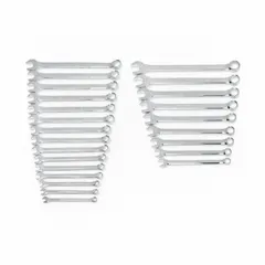 This 24-piece set includes SAE and Metric 12-point combination wrenches ranging from 1/2 in to 1 in. Made of alloy steel with a full polish chrome finish, the ratcheting box end allows faster operation without repositioning, suitable for tightening and loosening fasteners in confined spaces and repetitive tasks.