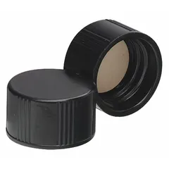 Black phenolic screw cap with a PTFE-faced rubber liner, designed for 13-425 mm threaded laboratory bottles and containers. Autoclavable for repeated sterilization. Provides a chemical-resistant seal suitable for sample storage and media preparation.