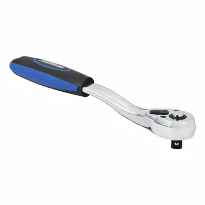 WESTWARD Hand Ratchet: Pear, Reversible, 8 in Overall Lg, Chrome, 5° Min Arc Swing - Offset Flex-Head Ratchets