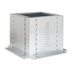 Square steel roof curb with galvanized finish for mounting downblast fans. Inside dimensions range from 21 in to 26 in x 21 in to 26 in; outside dimensions from 24 in to 29 in x 24 in to 29 in. Complies with NFPA 96 standards for ventilation systems.