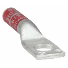 One-hole compression lug for terminating 8 AWG solid or stranded copper wire to a 3/8 in stud. Long barrel design accommodates standard compression tools. Used in electrical panels, switchgear, and power distribution systems.