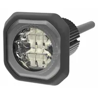 Rectangular amber/white LED perimeter warning light with bolt mount and included mounting hardware. Operates on 12-24V DC with blunt cut wires and offers 69 selectable flash patterns. Used on service trucks, utility vehicles, and construction equipment to alert nearby personnel and traffic in work zones and low-light conditions