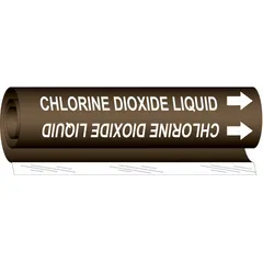 Wrap-around pipe marker for identifying pipes carrying chlorine dioxide liquid. Brown background with white legend text and directional arrows. Fits pipe outer diameters from 2-1/2 to 7-7/8 inches. Supplied as a single marker.