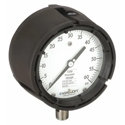 ASHCROFT Process Pressure Gauge: 0 psi to 60 psi, White, 4 1/2 in Dial, 1/2 in NPT Male - All-Stainless Steel Wetted Parts & Casing