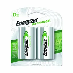 D-size nickel-metal hydride rechargeable battery with 1.2V DC output. Suitable for high-drain devices such as flashlights, portable radios, toys, and medical equipment. Supplied as a 2-pack for repeated recharging.