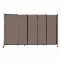 This freestanding room divider features five opaque fabric panels in Latte color, mounted in a powder-coated aluminum frame. It meets NIJ Level III-A ballistic standards, providing protection against handgun rounds. The fixed configuration offers visual privacy and is suitable for creating secure zones in various interior spaces