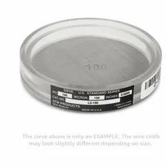 Ultrasonic test sieve with #40 stainless steel screen and acrylic frame. Outside diameter 3 1/2 in, height 5/8 in. Meets ASTM E11 standards for particle size analysis of dry granular materials.
