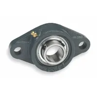 This flange-mount ball bearing features a 1 1/8 in cylindrical bore and a cast iron housing with set screws for shaft mounting. It is lubricated with NLGI #2 equivalent grease and uses a 7/16 in mounting bolt. Suitable for general purpose applications such as conveyors, fans, and material handling equipment where a compact two-bolt mounting pattern is required