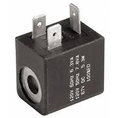 24V DC solenoid coil for Parker inline air control valves. Features plug-in connection with DIN 43650 Form B, IP65 protection, and 22 mm coil size. Operating temperature range 14°F to 120°F. Used in pneumatic systems for automated air flow control.