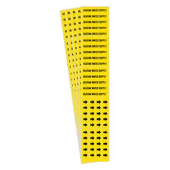 Yellow adhesive pipe marker with black legend 'Heating Water Supply' and directional arrows. Designed for pipes with outside diameter of 3/4 in and smaller. Pack of 5 markers for identifying heating water supply lines in facility piping systems.