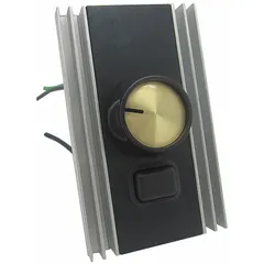 This dial fan speed control from Dayton is designed for regulating the speed of compatible fans in HVAC and ventilation applications. It features a single-pole single-throw (SPST) configuration with two dials, housed in an aluminum plate. The unit operates on 120V AC and is rated for 8 A.