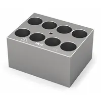 Dry block heater made of anodized aluminum with 8 wells of 21 mm diameter. Overall dimensions are 3 3/4 in wide by 3 in long. Includes a thermometer well for temperature monitoring. Used for uniform heating of tubes or vials in laboratory sample incubation and temperature control applications