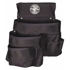 Black nylon tool pouch with open top and nine pockets for carrying hand tools. Attaches to belts up to 2-1/2 inches wide via a belt slot. Suitable for electricians and technicians needing quick access to tools while working at height or on ladders.