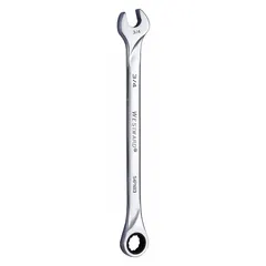 This SAE 12-point ratcheting combination wrench features a 3/4 in head size and 12 in overall length. Constructed from alloy steel with a chrome finish, it is a standard (non-reversible) model. Suitable for tightening or loosening fasteners in automotive repair, industrial maintenance, and mechanical assembly.