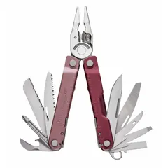 Full-size fold-open multi-tool with 17 tools and 17 functions, including pliers, Phillips screwdriver, bottle opener, and awl with thread loop. Stainless steel construction with heathered cranberry finish. Closed length 4 inches. Suitable for everyday carry, outdoor tasks, and light maintenance work.