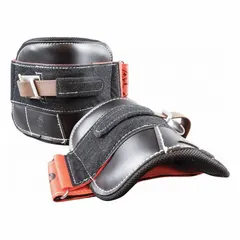 Leather pole climber pads with Hydra-Cool(TM) lining and steel gaffs. Designed for use with Klein Tools pole and tree climbers. Suitable for linemen and tree trimmers climbing utility poles and trees.