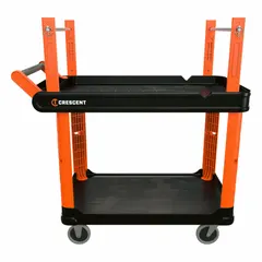 Preconfigured utility cart with two black raised shelves and top shelf riser corner posts. Overall dimensions 37 in L x 23 in W x 23 in H. Used for transporting tools, parts, and materials in industrial facilities, warehouses, and workshops.