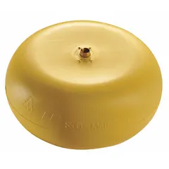This pallet cushion with T-nut is designed for material handling and packaging applications to stabilize palletized loads and absorb shock during transport. It features a 5/16"-18 thread size, 1.41 mm thread pitch, 6 in diameter, 2 7/8 in height, and is rated for loads from 45 lb to 80 lb. The yellow cushion helps reduce vibration and shifting, protecting goods in industrial facilities.