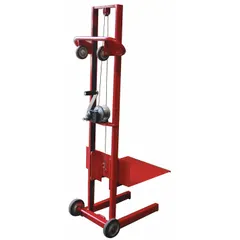 This portable platform lift truck has a 500 lb capacity and a steel platform measuring 20 inches long by 20 inches wide. It lifts from 3 1/4 inches to 58 inches using a hand winch. Four axle-mounted casters provide mobility. Typical applications include lifting and transporting loads in maintenance, assembly, and warehouse tasks.
