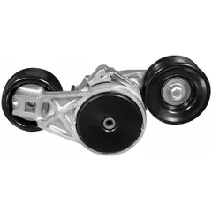 Self-adjusting belt tensioner with two pulleys and a 3-inch outside diameter. Maintains proper tension in automotive serpentine or accessory belt drive systems to reduce belt slip and wear.