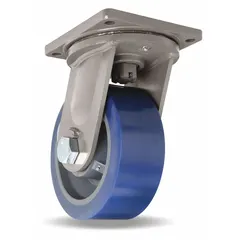 This extreme-duty swivel plate caster features a face brake for controlled positioning. The 10-inch diameter by 4-inch wide wheel has a blue polyurethane tread and roller bearings. Suitable for heavy industrial equipment and material handling carts requiring precise load control.