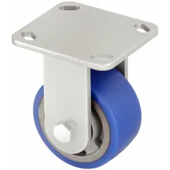 Medium-duty rigid plate caster with a 4-inch diameter, 2-inch wide blue nylon wheel. Ball bearings provide low rolling resistance for straight-line movement on smooth floors. Mounting height is 5 5/8 inches. No brake. Suitable for carts, racks, and light manufacturing equipment.
