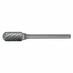 Double-cut ball-nosed cylinder bur with a 3/4" x 1" head and 1/4" shank. Trade number SC-7. Used for material removal, deburring, and shaping in metalworking and industrial machining. Ball-nosed design enables contouring and finishing in recessed areas.