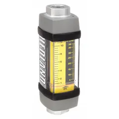 This HEDLAND inline variable-area flowmeter is designed for measuring flow rates of petroleum fluids such as hydraulic oils and lubricants. It features a scale display, Viton O-rings and seals, and universal mounting orientation. Accuracy is +/-2%, and the unit measures in liters. This model does not include a pressure gauge or flow rate adjustment knob.