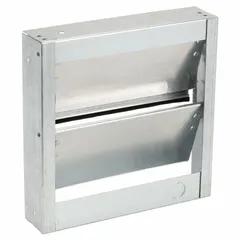 Backdraft damper for 10-inch nominal duct diameter, designed to prevent reverse airflow in ventilation systems. Single-panel construction with flat blade, suitable for vertical airflow and horizontal mounting. Maximum air velocity 2000 fpm.