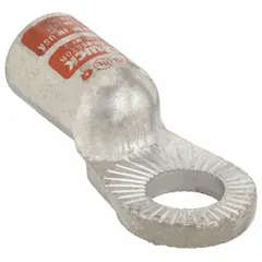This locking lug is a straight, one-hole compression connector for terminating 2/0 ga copper conductors. It features raised pads and a 1/2 in stud size, with an orange color. Suitable for use in power distribution and control panels where secure, vibration-resistant connections are required.
