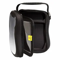 Black nylon semi-rigid carrying case with 9 in overall width. Features extra pockets for organizing AED accessories. Compatible with manufacturer model DCF-A2310RX. Suitable for storing and transporting automated external defibrillators in emergency response settings.