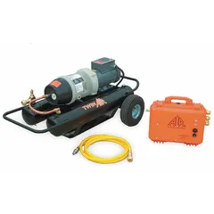 Supplied-air compressor delivering 8.5 cfm at 110 psi, powered by a 2 hp motor. Supports up to 3 respirators and features 1/2 in Hansen fittings. Used for tasks requiring supplied-air respiratory protection, such as painting, chemical handling, or abrasive blasting.