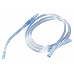 The MEDSOURCE Yankauer Tip and Tube (MS-YK50) is a white suction catheter and tip used in medical suction procedures to clear airways of fluids. It is designed for oral and pharyngeal suctioning in clinical settings.