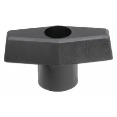 T-handle knob with a threaded through-hole for manual adjustment, clamping, or positioning. Features a 2 in diameter plastic body with steel thread and 1/4"-20 thread size. Suitable for machinery and equipment requiring hand-operated fastening or positioning.