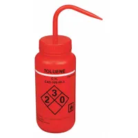Wide mouth wash bottle with standard spout, 500 mL capacity, red body and closure, nonvented. Body diameter 72.1 mm. Designed for dispensing toluene and other specific chemicals in laboratory and industrial settings where controlled rinsing or solvent delivery is required