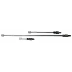This hand socket extension set is designed for use with 1/4 in drive ratchets and torque wrenches. It extends reach to fasteners in confined or recessed areas, common in automotive, machinery, and assembly tasks. The set includes a locking mechanism to secure sockets.