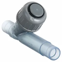 PVC Y-style piston check valve with spigot x spigot connections for 1/2 in pipe size. The Y-shaped body and piston mechanism permit flow in one direction only, preventing backflow in piping systems. Suitable for water and chemical handling applications where reverse flow protection is required.