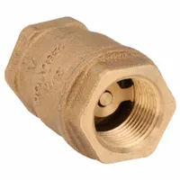 This lead-free bronze inline disc check valve features a swing-type spring mechanism for automatic backflow prevention. It has a 3/4 in pipe size with FNPT x FNPT connections, suitable for use in plumbing and industrial piping systems where backflow prevention is required