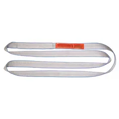 Type 5 protected-edge polyester endless web sling with 2 plies. Measures 7 ft in length and 3 in in width. Includes a standard tag for identification. Used for lifting and rigging loads in industrial settings such as construction, manufacturing, and warehousing.