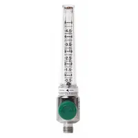 Oxygen flow meter with DISS inlet and outlet connections, polycarbonate housing, and green knob. Graduation subdivisions of 0.25 (0-5) 1/min. Complies with ISO standards. Used to measure and regulate oxygen flow in medical gas systems