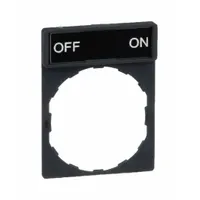 Rectangular legend plate for 22 mm push-button operators. Gray body with white legend area marked 'Off-On' in English. Measures 1 5/8 in overall height by 1 3/16 in overall width. Tab mounting method. Used to label switch functions in industrial control panels
