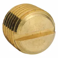 Threaded pipe plug with 1/4 in NPT connection, made from C37700 brass. Rated for maximum operating pressure of 1,000 psi. Length 13/32 in. Used to seal ports in high-pressure fluid systems, including hydraulic and pneumatic circuits