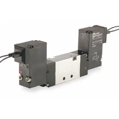 Four-way, two-position solenoid air control valve with base-mounted body and double solenoid. Operates on 24V DC with internal pilot, normally open configuration, non-locking manual override, and solenoid return. Includes solenoid coil. Used in pneumatic actuation, packaging lines, and material handling equipment.