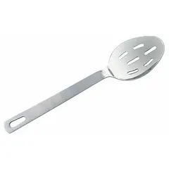 This stainless steel serving spoon features a 15-inch overall length, suitable for basting and serving tasks in commercial or home kitchens. The silver finish provides a classic appearance. It is not NSF certified.