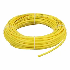 Polyurethane tubing with 1/4 in inner diameter and 3/8 in outer diameter, supplied in a 100 ft length. Yellow color, Shore A 90 to 95 hardness, and maximum operating pressure of 170 psi at 73°F. Suitable for pneumatic and fluid transfer applications in industrial automation and robotics.