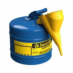 Blue kerosene safety can with a 5-gallon capacity, designed for storing and dispensing kerosene. Includes a funnel for controlled pouring. Suitable for industrial environments where safe handling of flammable liquids is required.