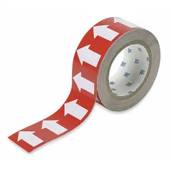 Red vinyl pipe marking tape with white legend text, non-reflective. Supplied in a 90 ft roll with 1 in width. Used for identifying pipe contents and indicating directional flow in industrial piping systems.