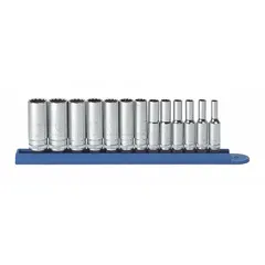 This 13-piece metric socket set includes 12-point deep sockets ranging from 4 mm to 15 mm with a 1/4 in drive. The friction ball retention mechanism secures socket changes. Suitable for fastening and loosening metric hex fasteners in automotive repair, machinery maintenance, and general assembly work.