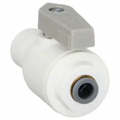 This Parker manual two-way ball valve features a straight, one-piece polypropylene body with push x push connections and a lever handle. It is used for on/off flow control in industrial piping systems handling corrosive fluids.